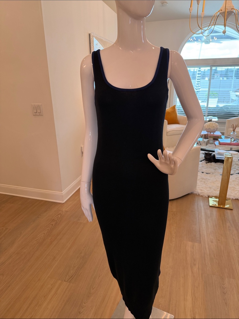 Classic Scoop Neck Blue Trim Black Sweater Midi Dress